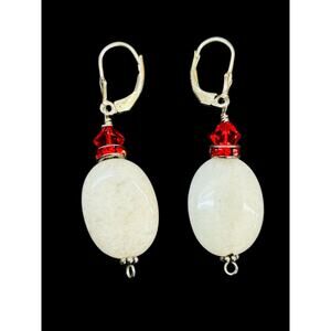 White Red Silvertone Pierced Leverback Earrings 2" Drop
